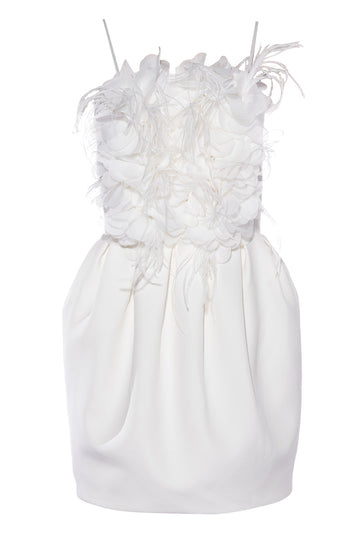 spaghetti strap  white flower ruffled bust dress with cinched waist