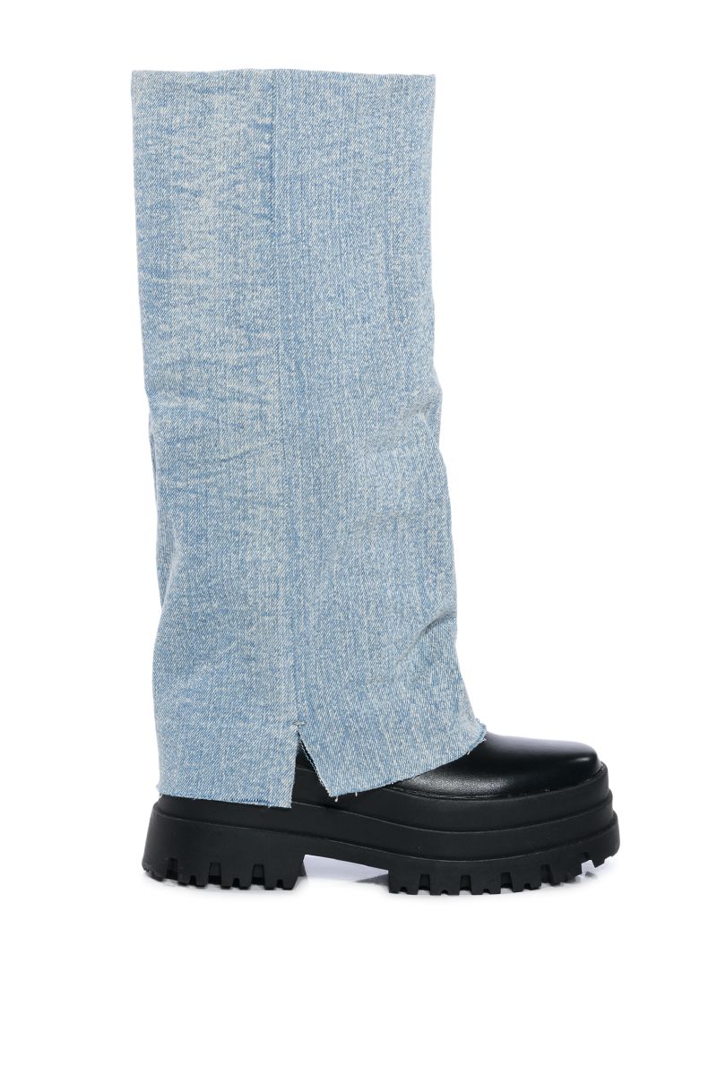 black chunky boots with knee high light wash blue denim fold over upper