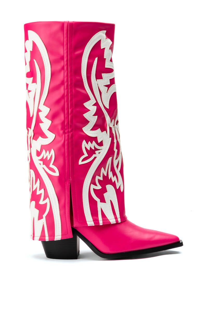 hot pink barbie cowboy boots with fold over silhouette and white design detail