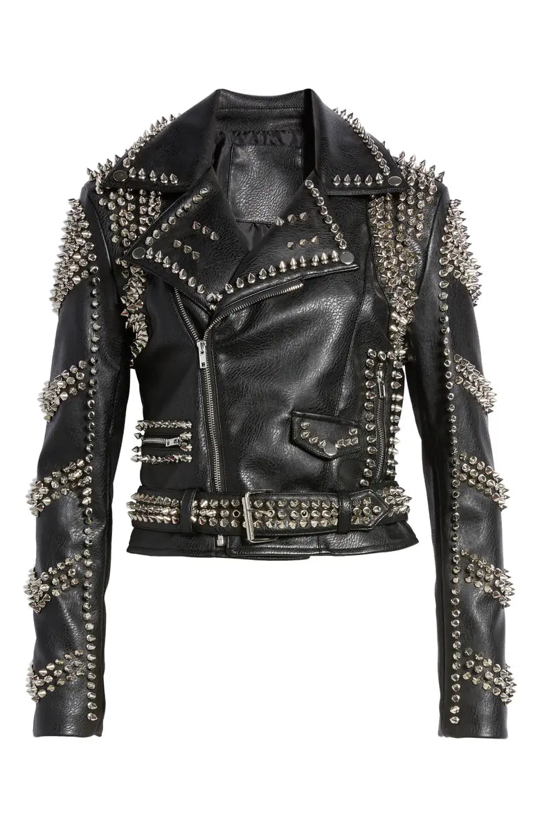 faux leather  moto jacket with striped stud detail on sleeves 