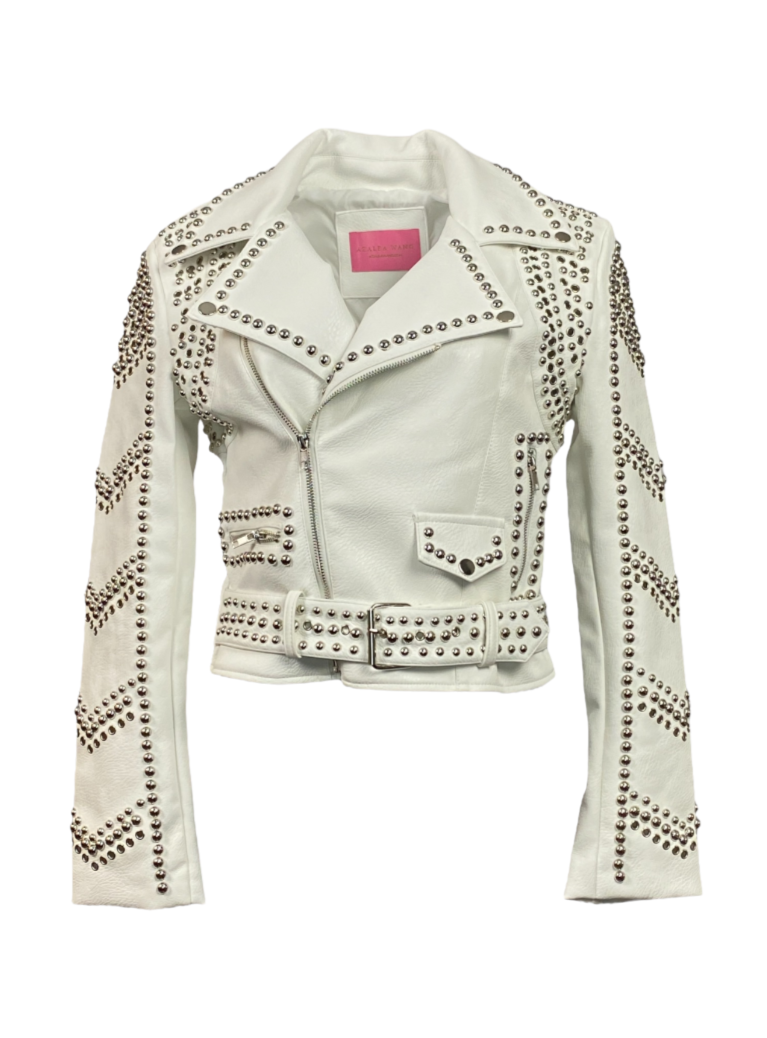 white faux leather cropped moto jacket with striped stud detail on sleeves