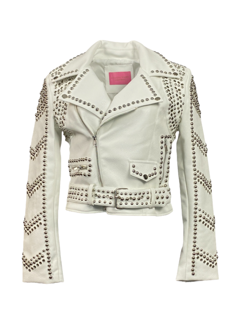 faux leather  moto jacket with striped stud detail on sleeves 