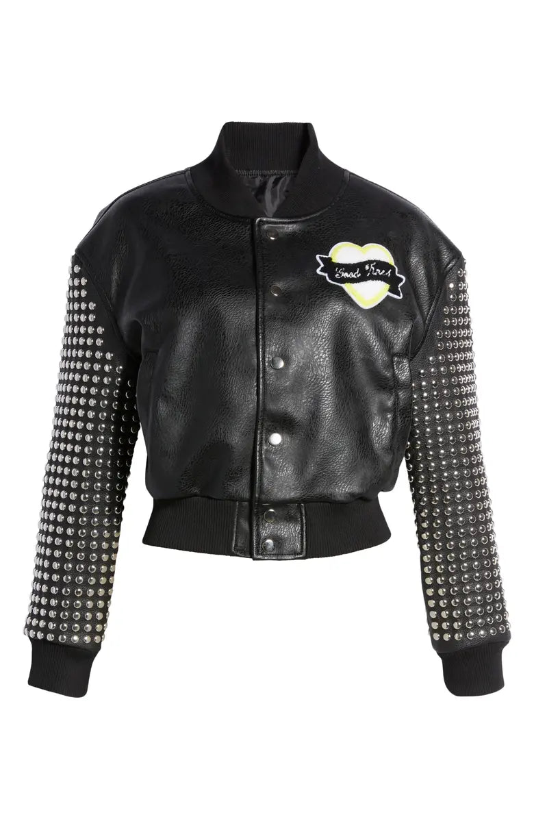faux leather bomber jacket with varsity patch and silver studded sleeves
