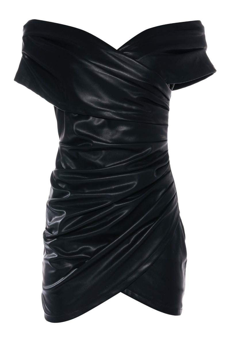Black faux leather off the shoulder bandage dress