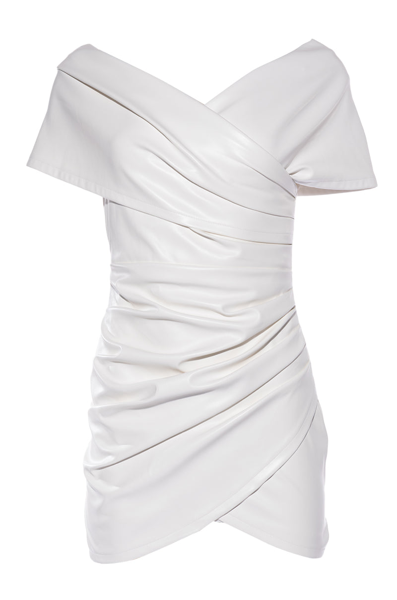 white faux leather off the shoulder mini bandage dress