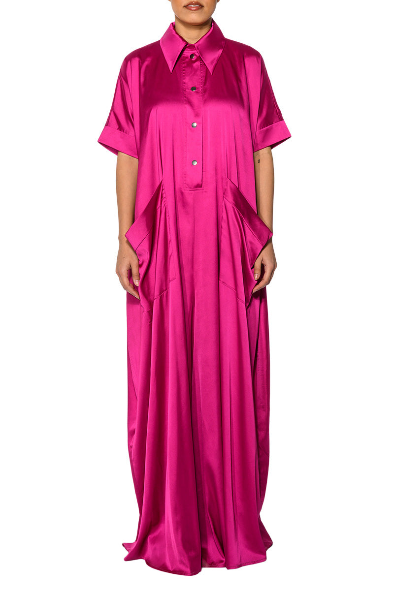 ultra maxi hot pink shirt collar style satin jumpsuit