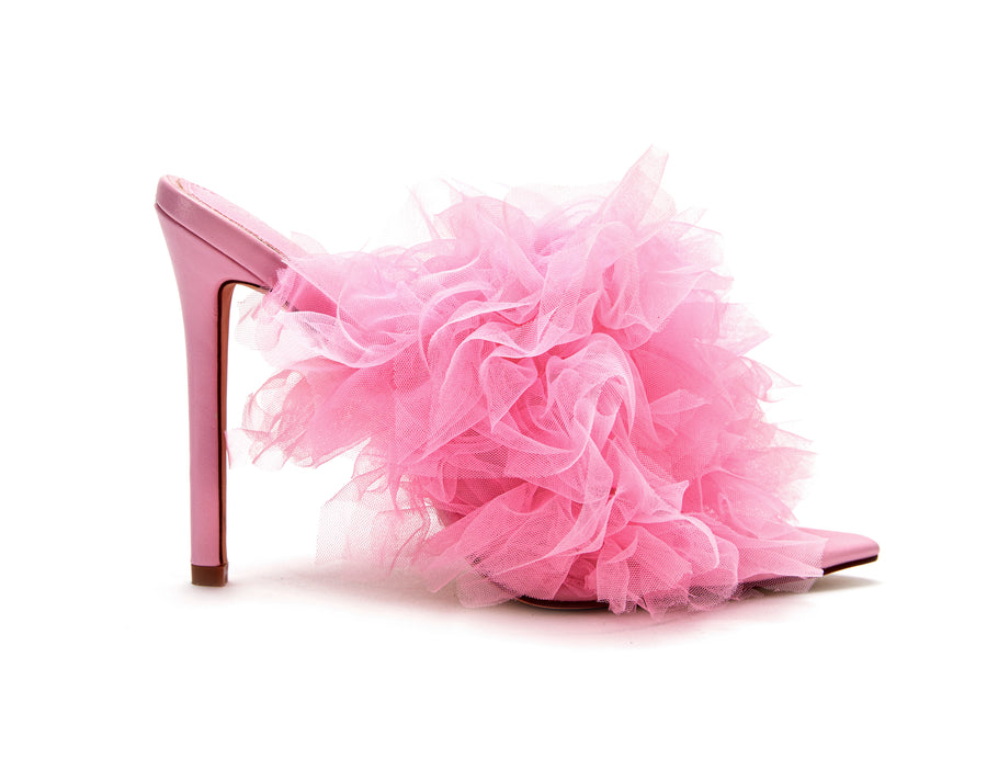 pink open toe heels with ruffled pink tulle on the front strap