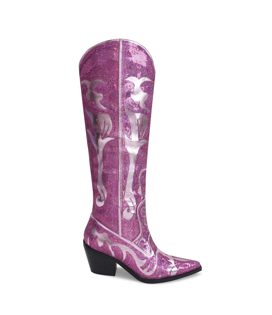 metallic pink western style knee length boot with a black heel