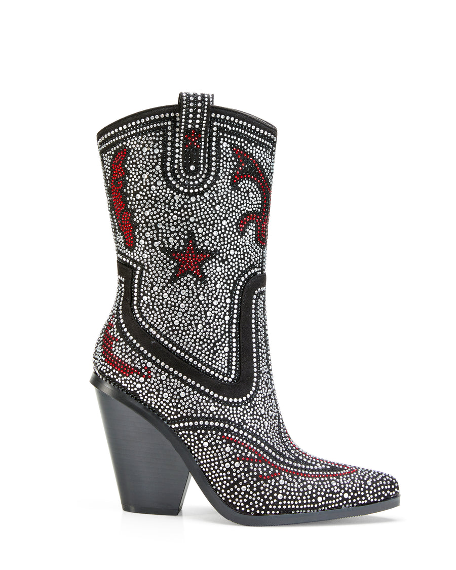 black heeled western boots with bedazzled silver and red rhinestone design