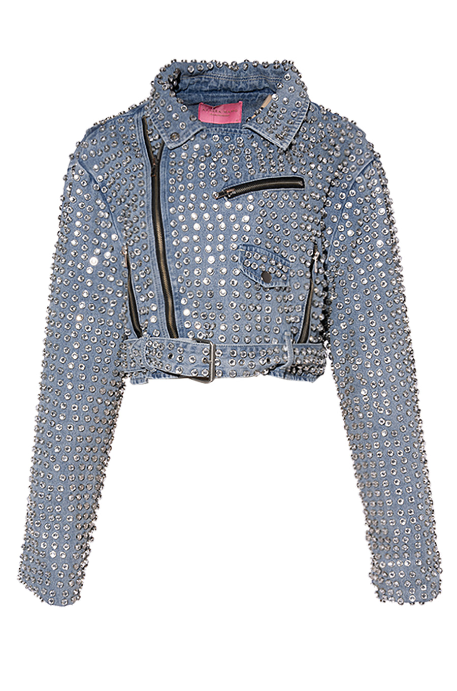 denim motorcycle jacket with silver stud detail all over.