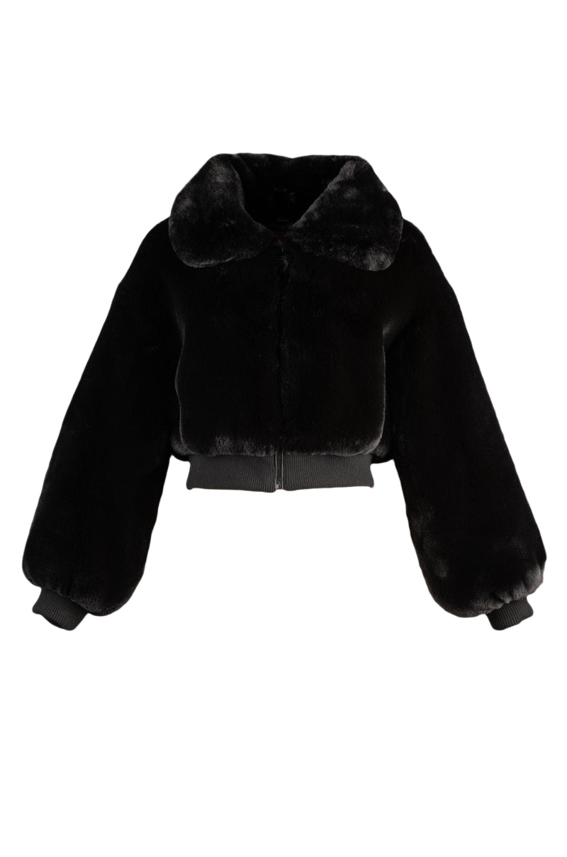 black faux fur coat with collar and zip-up style