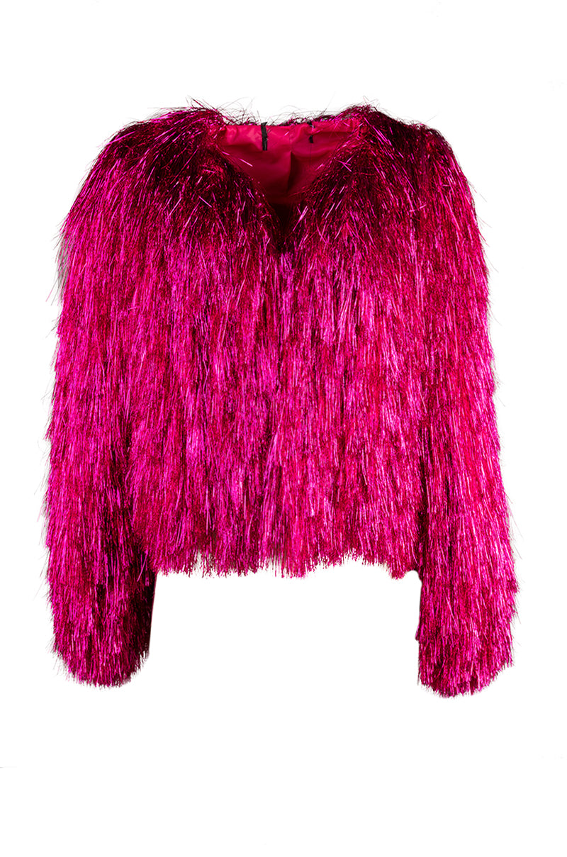 shiny metallic pink tinsel fringe statement jacket