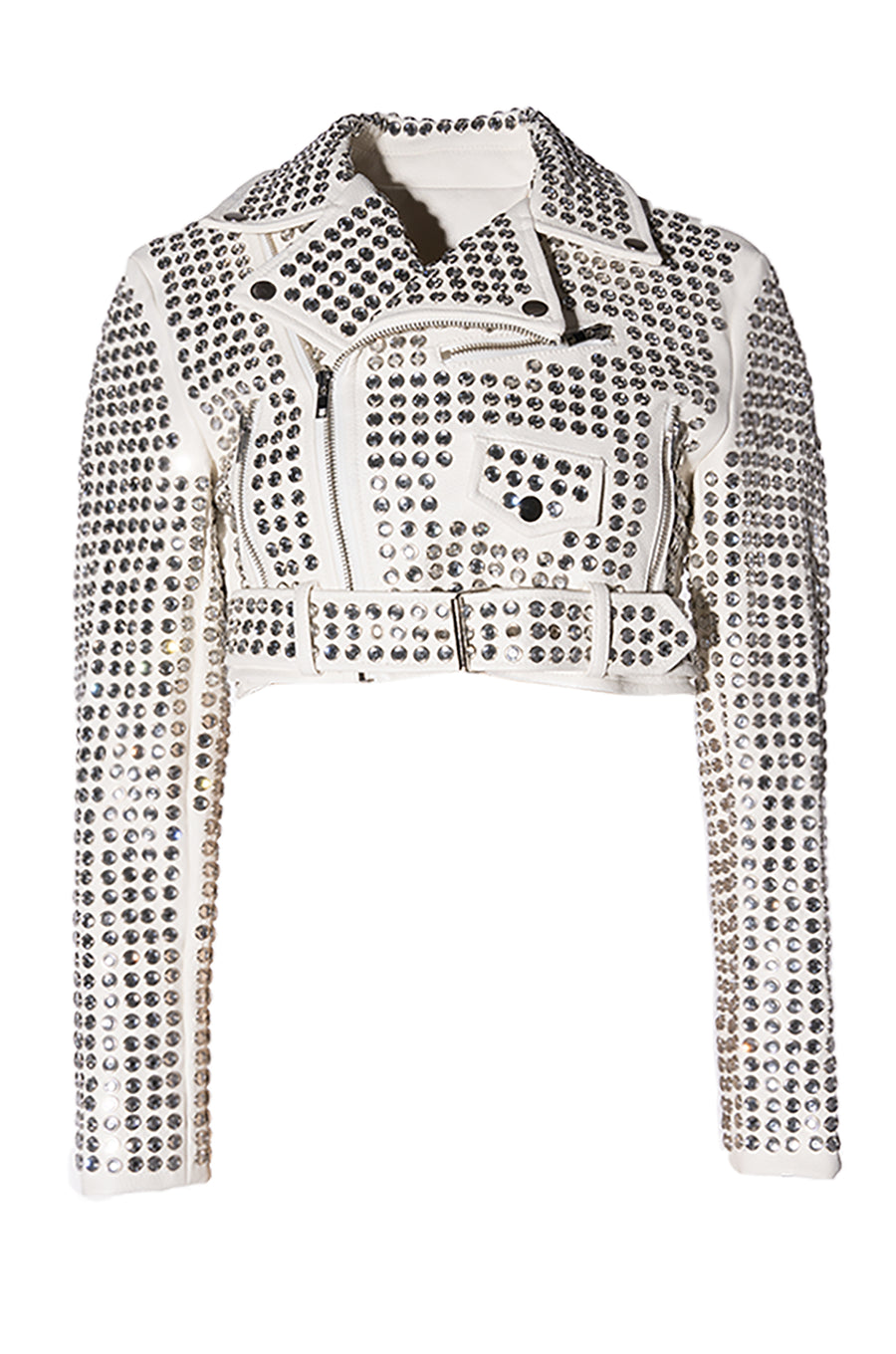 cropped white faux leather moto jacket with silver circular studs all over