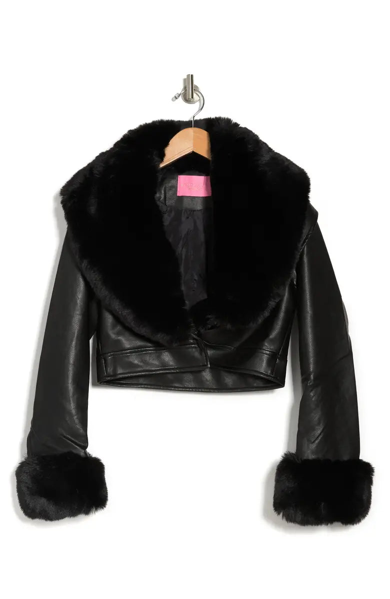 cropped faux leather jacket with faux fur collar lining and cuffs