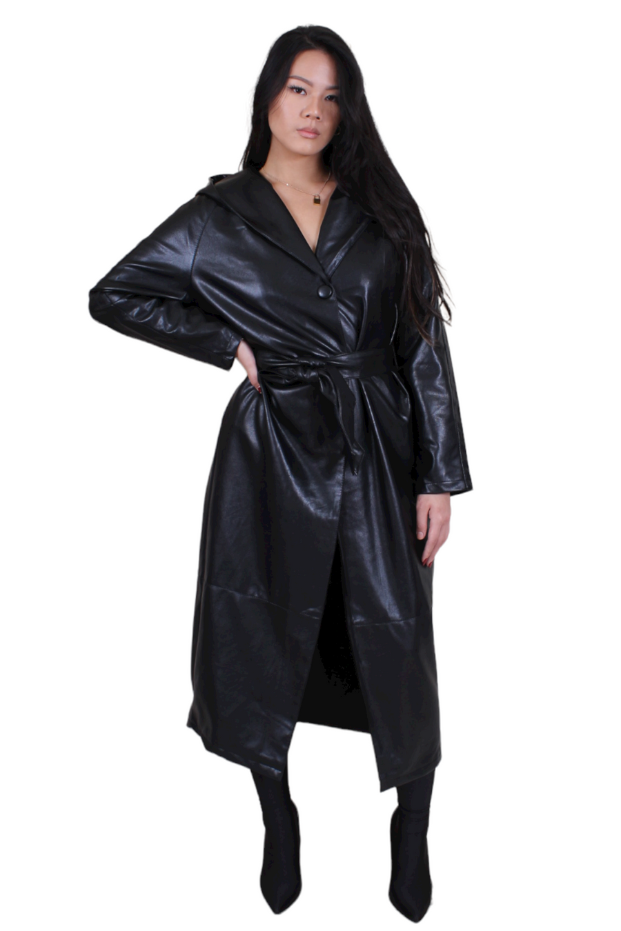 black faux leather trench coat with cinched waist strap
