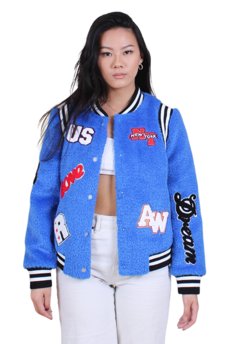 bright blue bomber statement jacket with teddy material and varsity patches