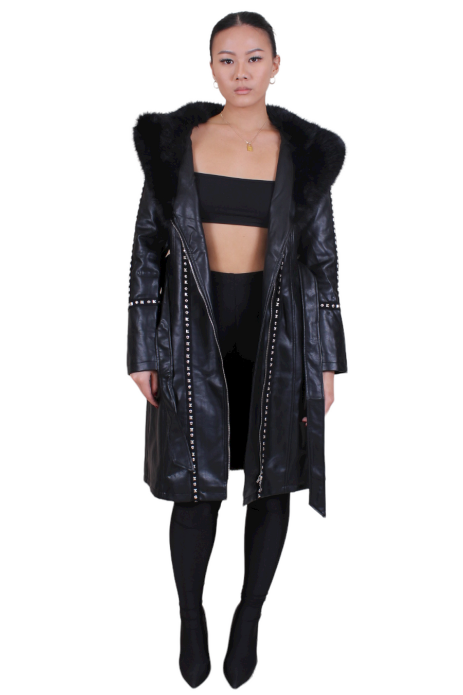 UPTOWN-GRL FAUX FUR COLLAR LEATHER COAT