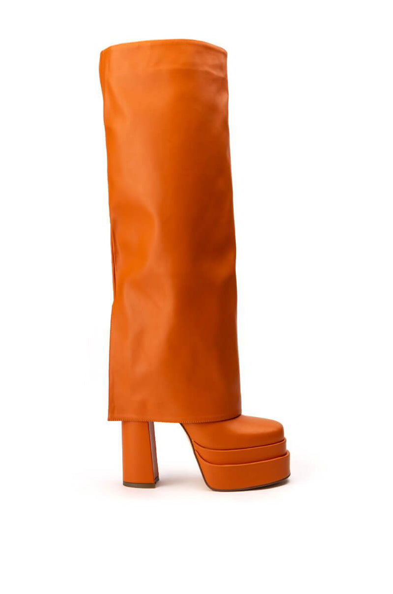 orange knee high fold over platform heeled boots