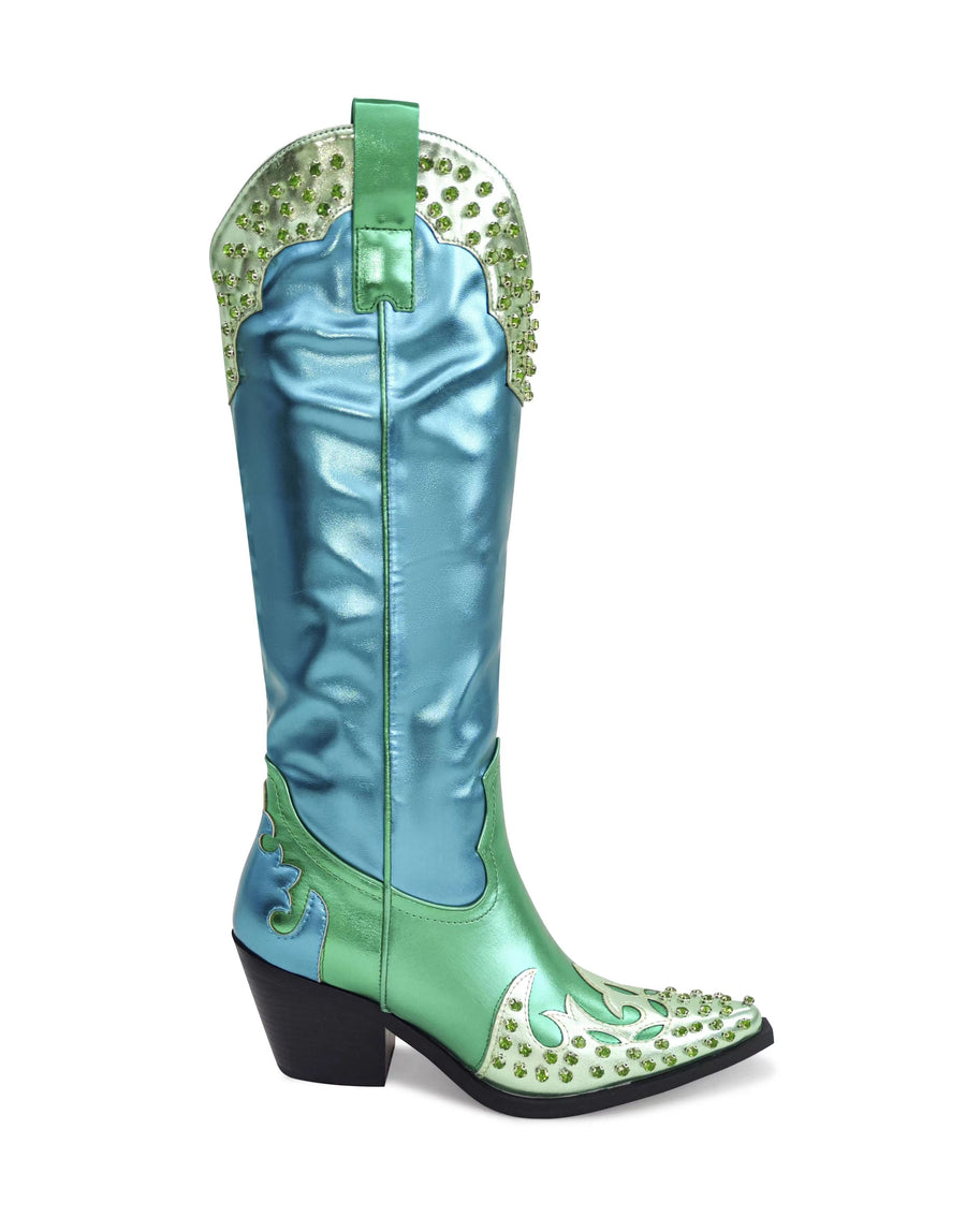 metallic blue and green western style cowboy boots with a block heel and rhinestone embellishment