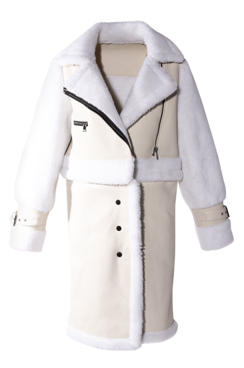 cream trench coat with white faux fur lining detail and black zipper accent