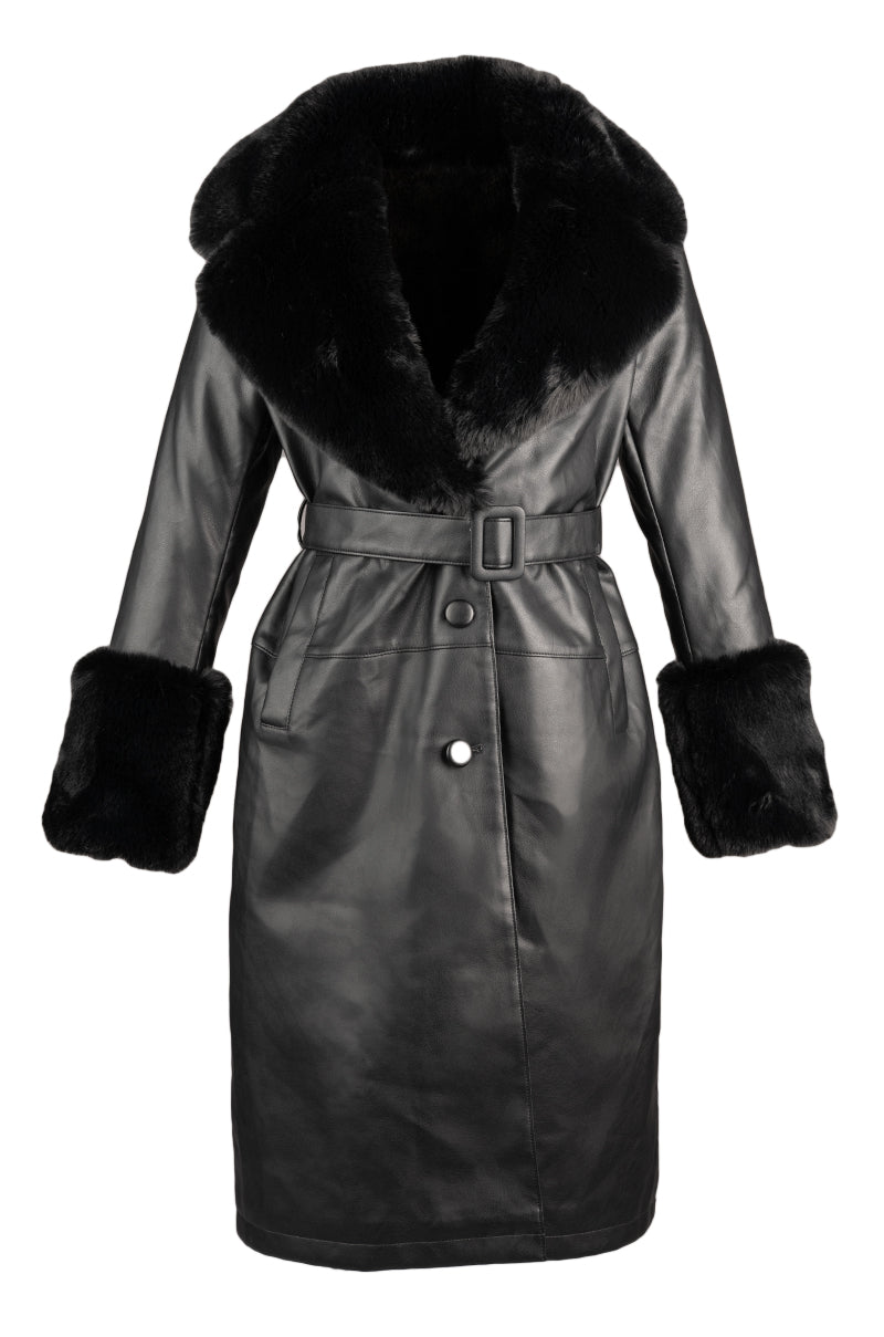 black faux leather trench coat with cinched belt and faux fur lining on collar and cuff
