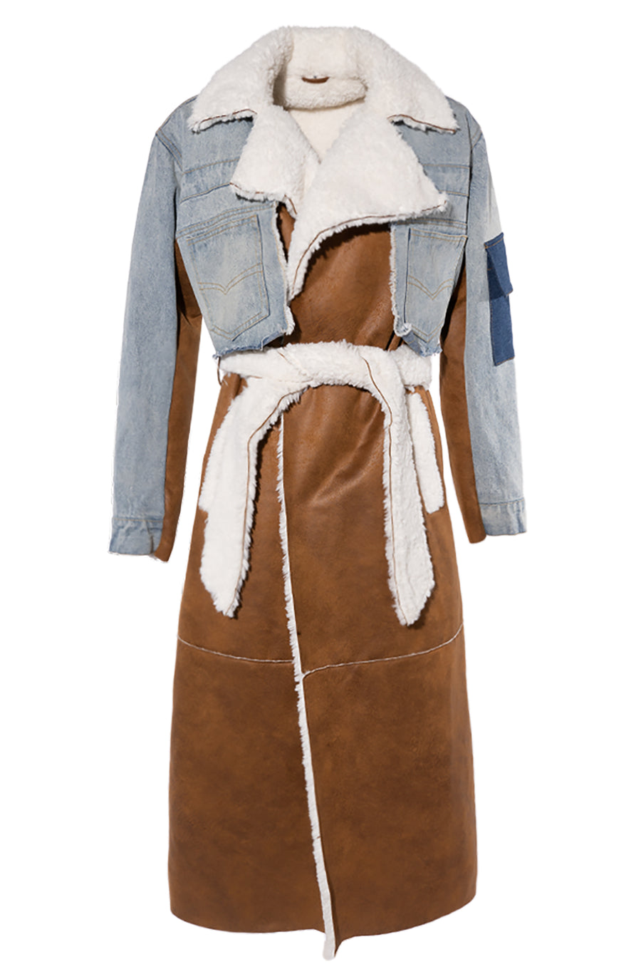Front view of trench coat with faux suede base, denim sleeves, and shearling belt and lining