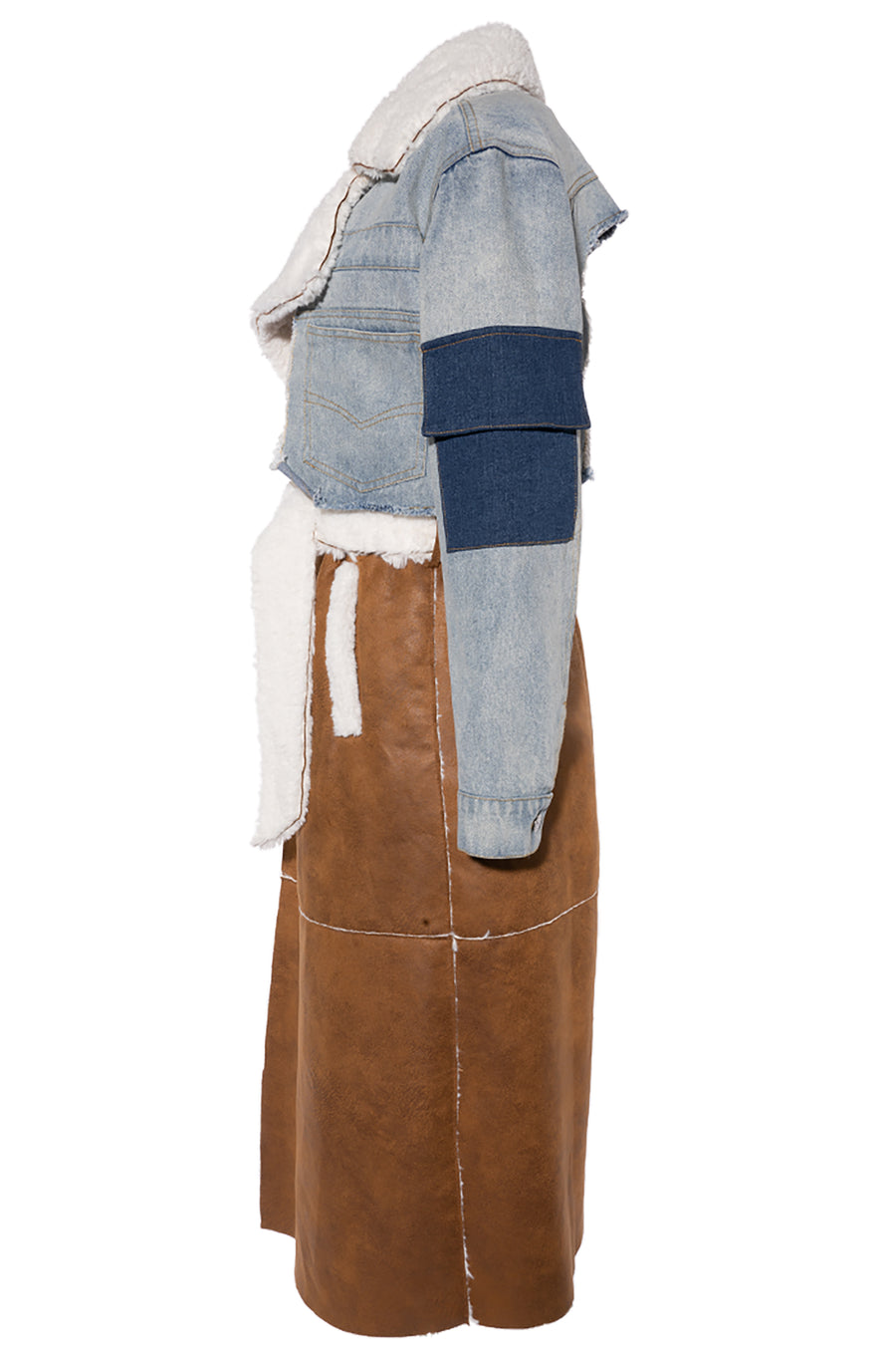 side view of Front view of trench coat with faux suede base, denim sleeves, and shearling belt and lining