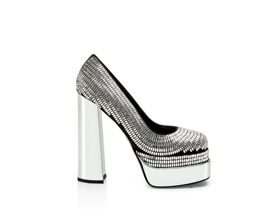 rhinestone embellished silver platform heels