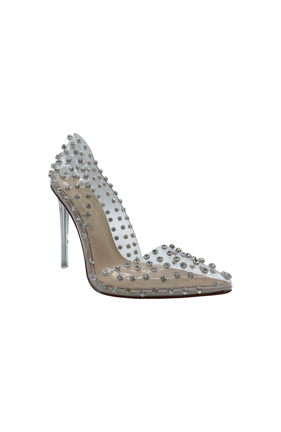 clear pointed toe stiletto heels with silver sides and sivler rhinestones