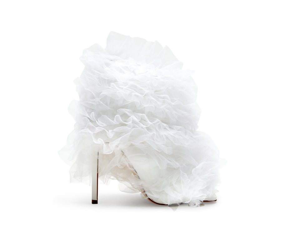 white ruffled tulle stiletto statement heels