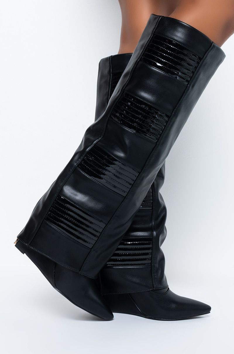 black faux leather fold over silhouette pointed toe wedge boots