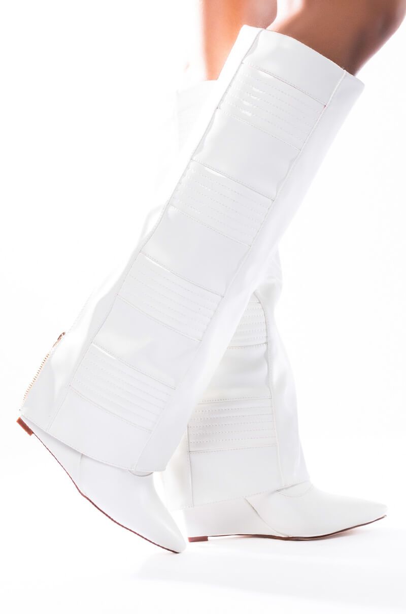 white faux leather fold over silhouette pointed toe wedge boots