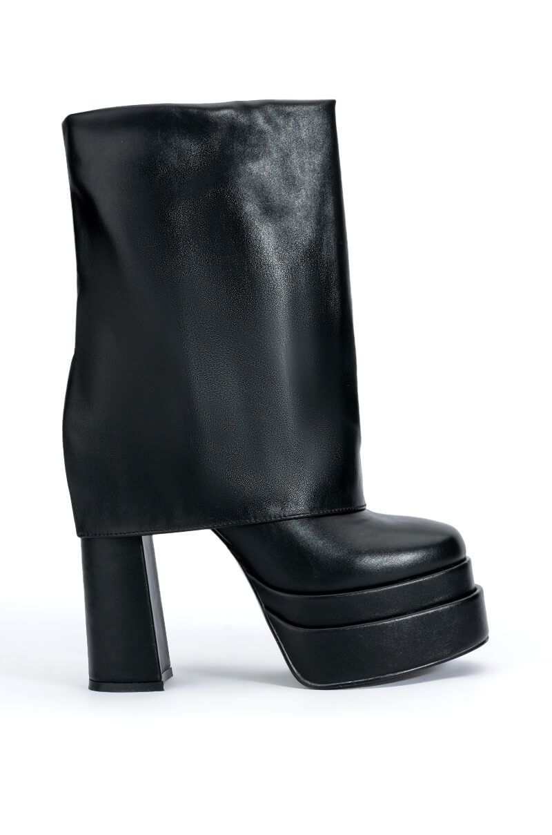 platform black faux leather boots with a fold over silhouette