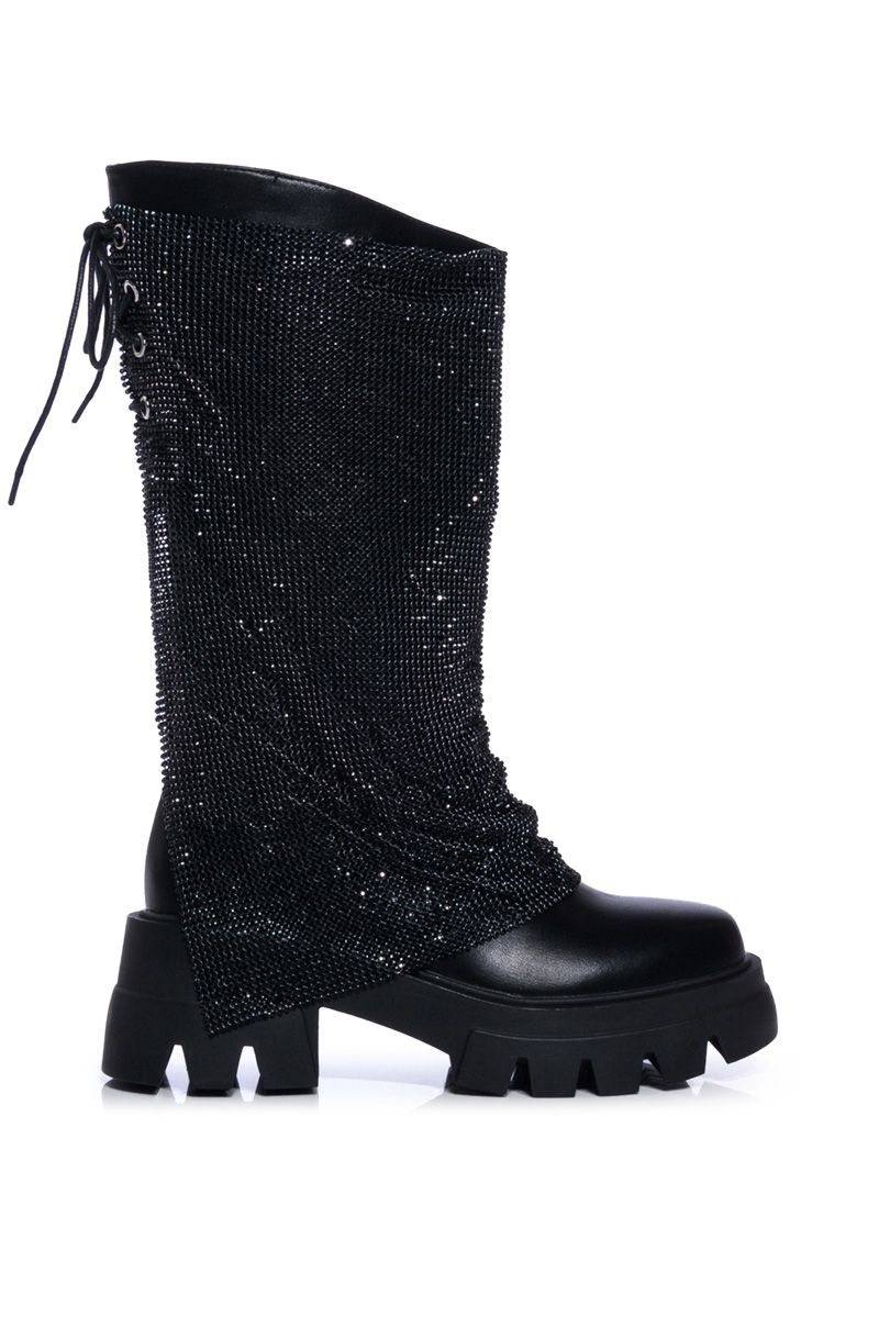 black chunky boots with a black rhinestone mesh overlay