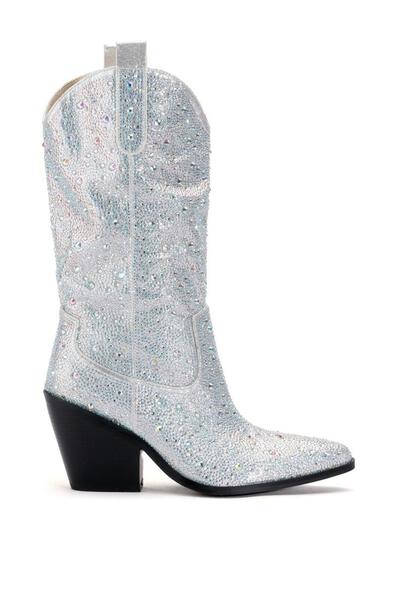 silver crystal embellished cowboy boots with a black heel