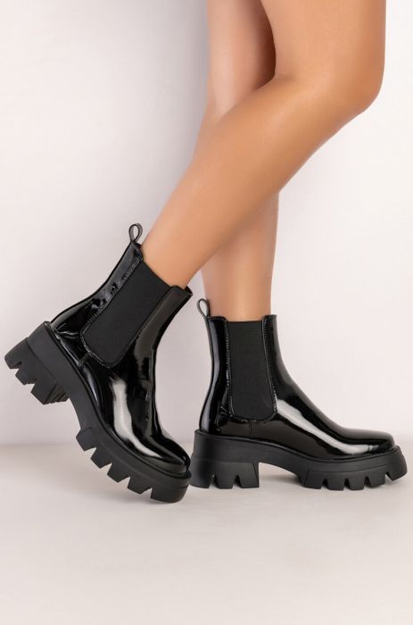 shiny black faux leather platform chelsea boots