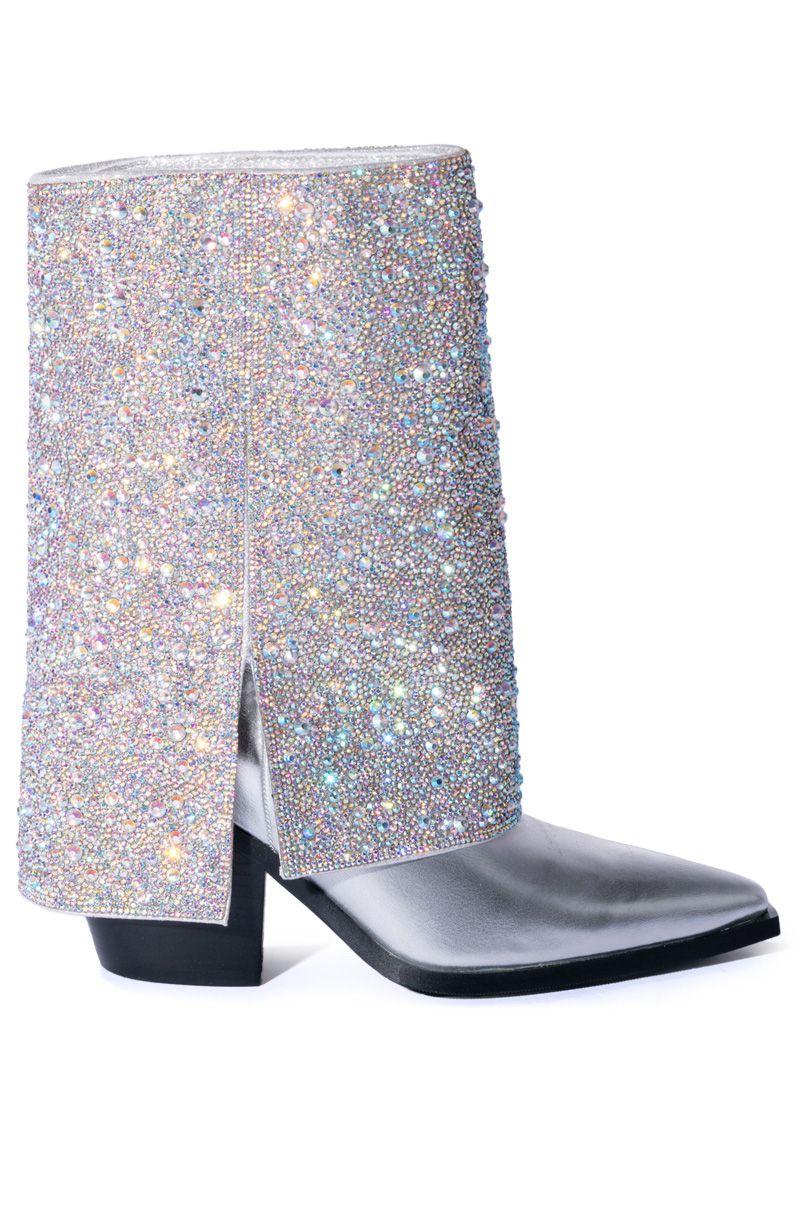 shimmery silver crystal fold over western boot