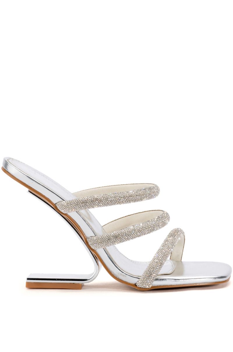 open toe strappy heeled sandals with a silver ghost heel and crystal straps
