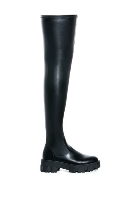 flat chunky stretchy thigh high boots in black