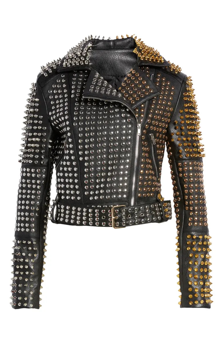 black faux leather statement moto jacket with half silver stud and half gold stud