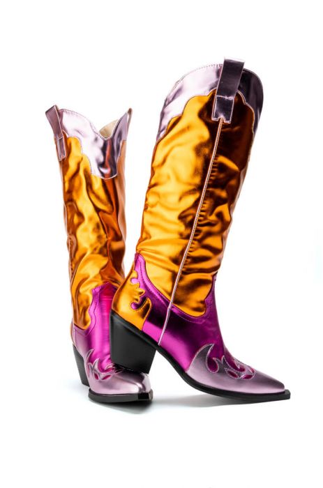 shiny western style pointed toe heeled boots with metallic pink and orange material