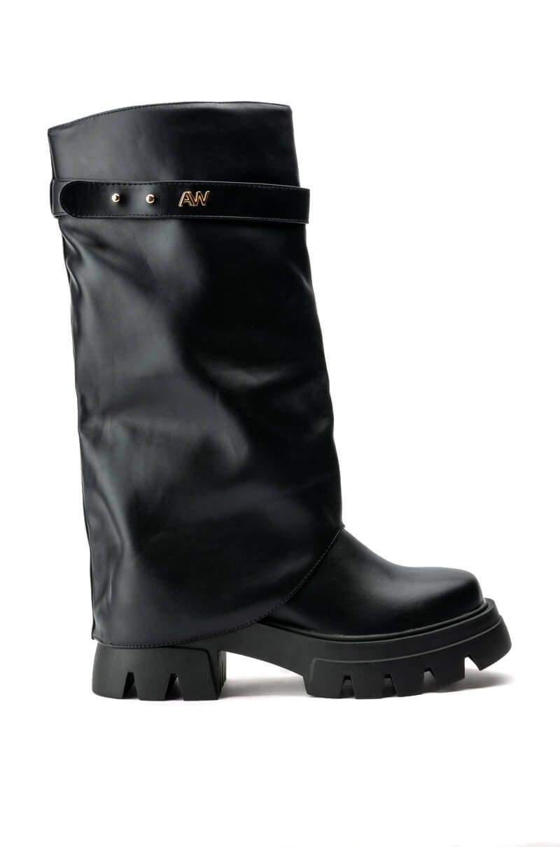 chunky black platform boots with fold over silhouette and mid calf length