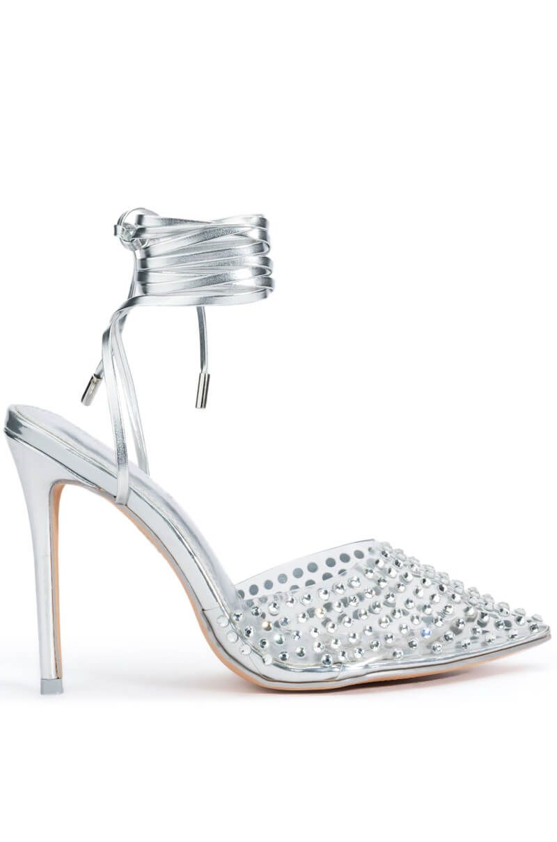 Metallic silver pointed toe heels with rhinestone detail and lace up cords