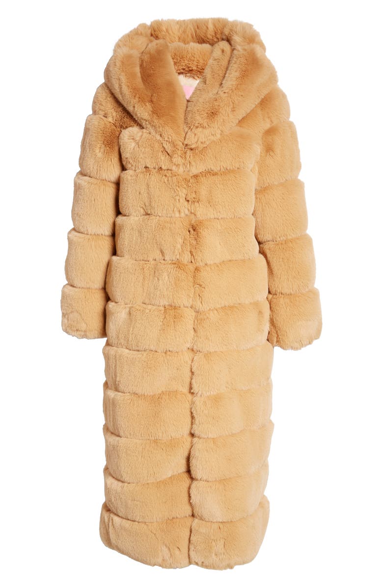 fluffy beige faux fur trench coat with a hood