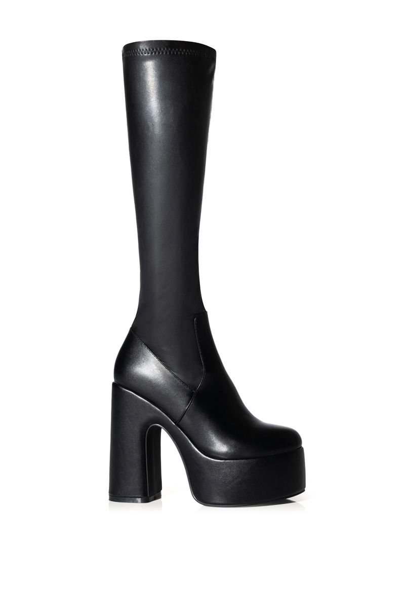 black knee high platform faux leather chunky heel boots