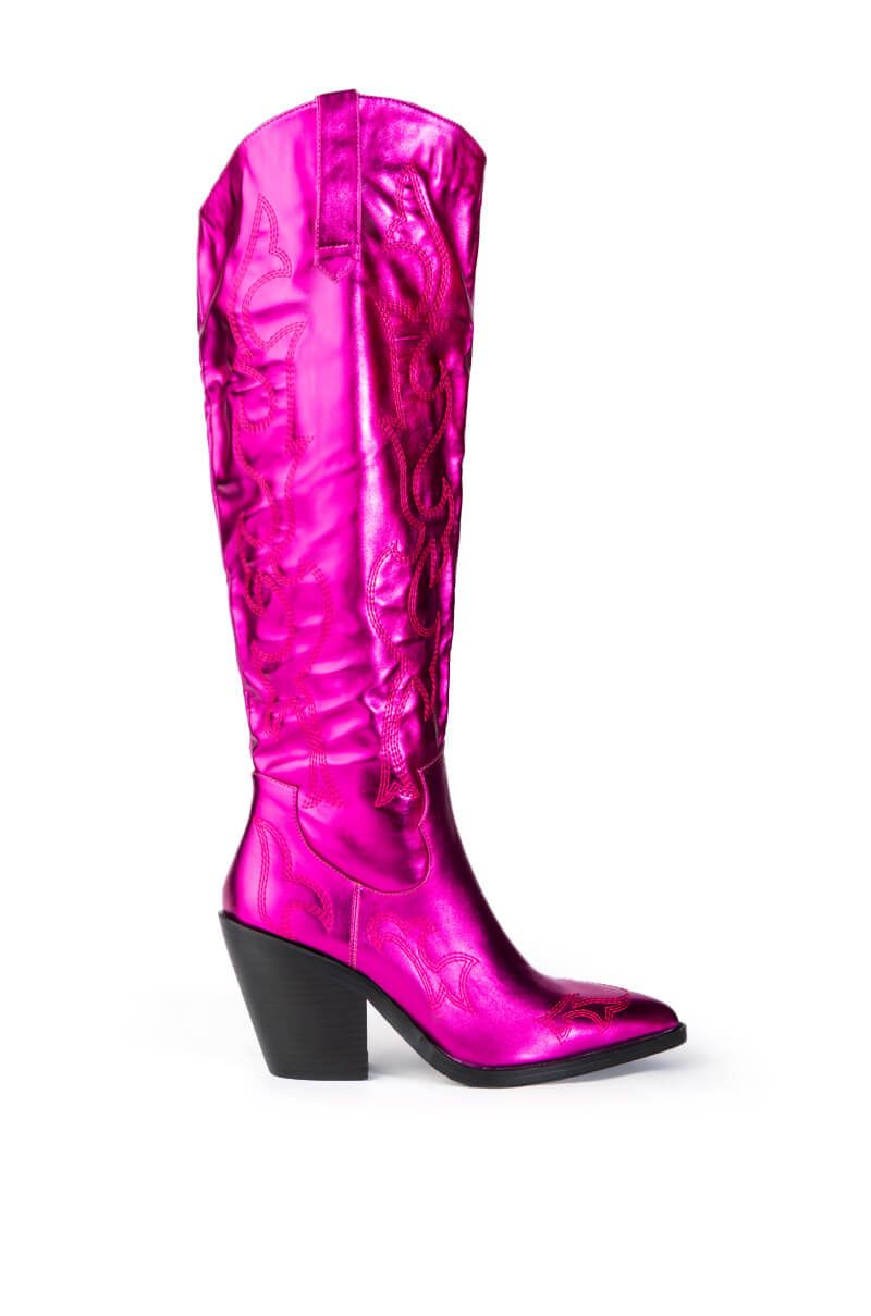 metallic pink pointed toe western inspired cowboy boot with a block heel
