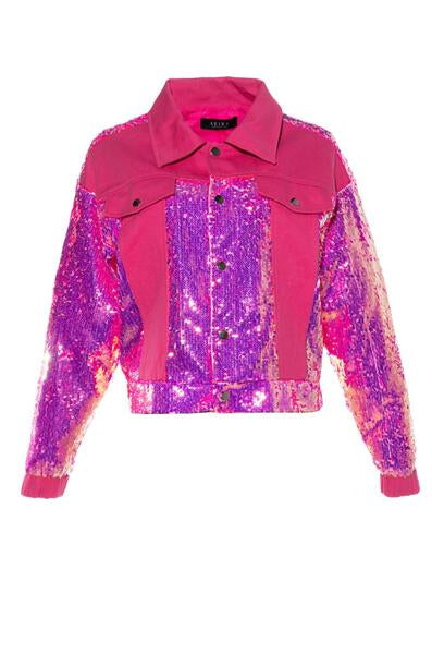 bright pink denim statement jacket with pink sequin sleeves