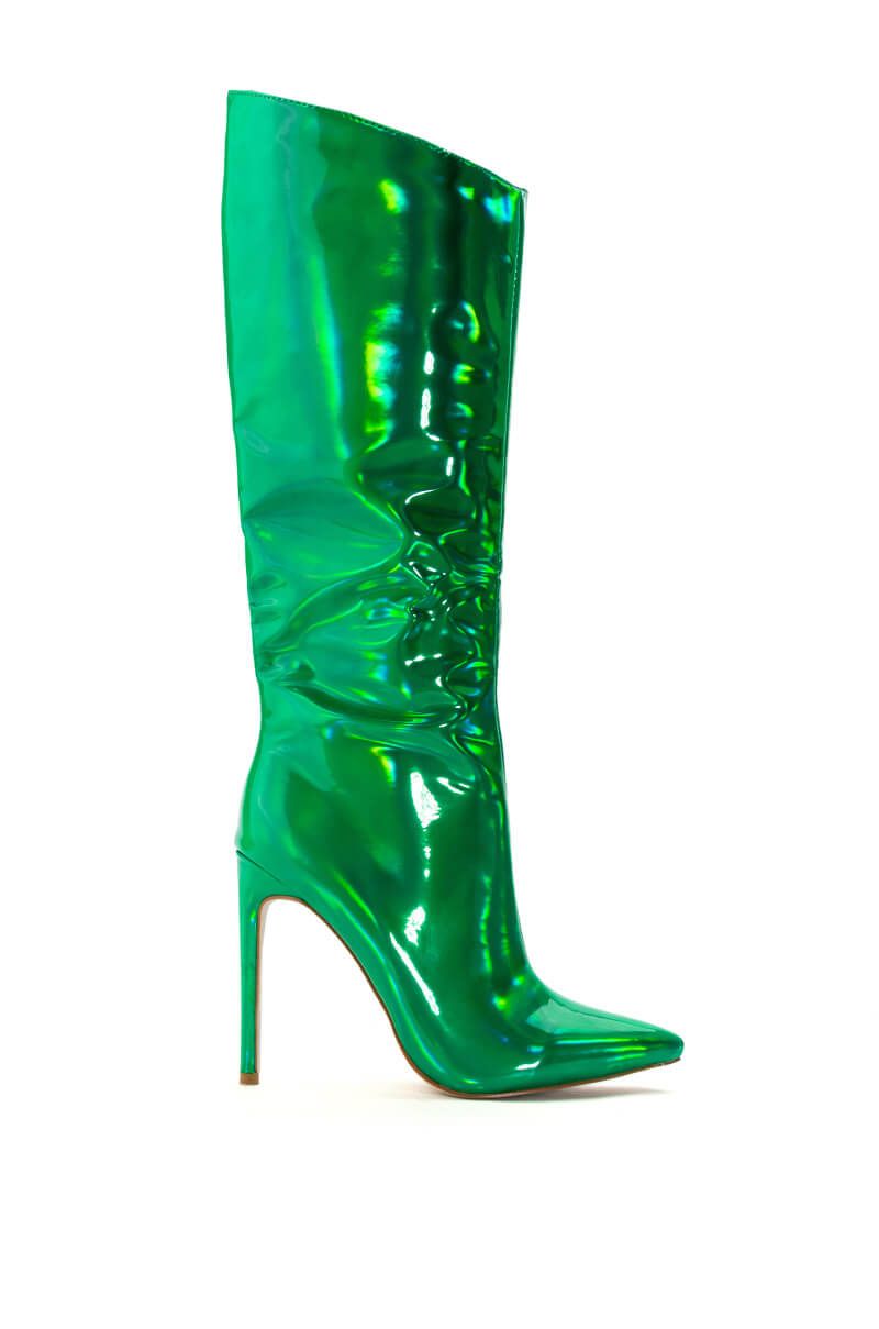holographic green mid calf length stiletto boots with a pointed toe
