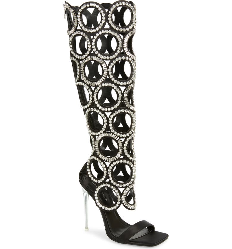 black open toe stiletto heels with knee high rhinestone circle design upper