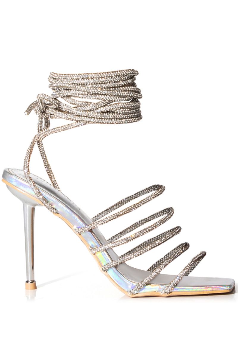 metallic shiny silver strappy heels with crystal wrap up cords